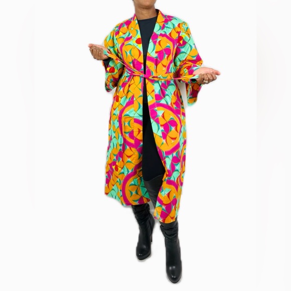 African Print Ankara Multicolor Belted Midi Cotton Blazer - Picture 5 of 8